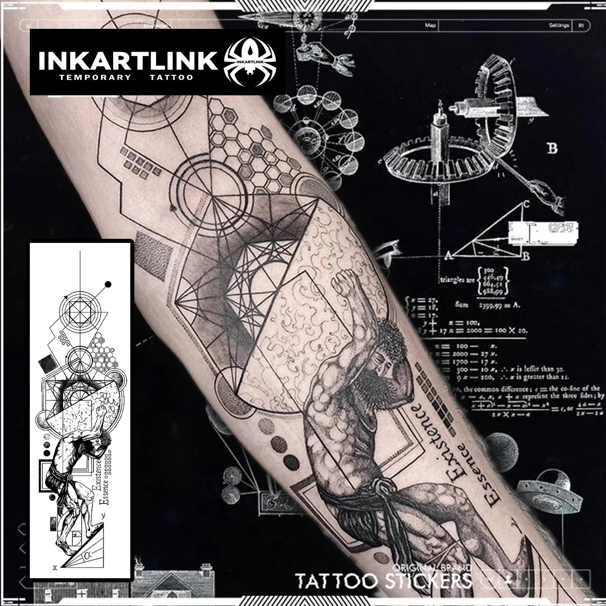INKARTLINK Atlas Greek Mythology Tattoo Sticker Sacred Geometry Science Art Herbal 15Days Semi-permanent Body Art Forearm