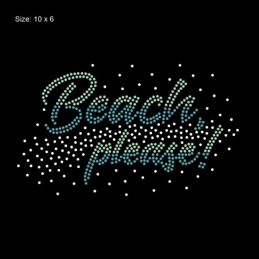 2025 New Design Custom Rhinestone Transfer Design Beach Please Letter Patch Iron on Design for T Shirts