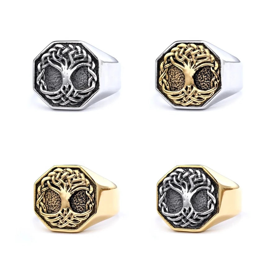RTS Hiphop Vintage Tree of Life Signet Ring Sets Stainless Steel Stamping Norse Mythology Yggdrasil Tree Jewelry Gifts
