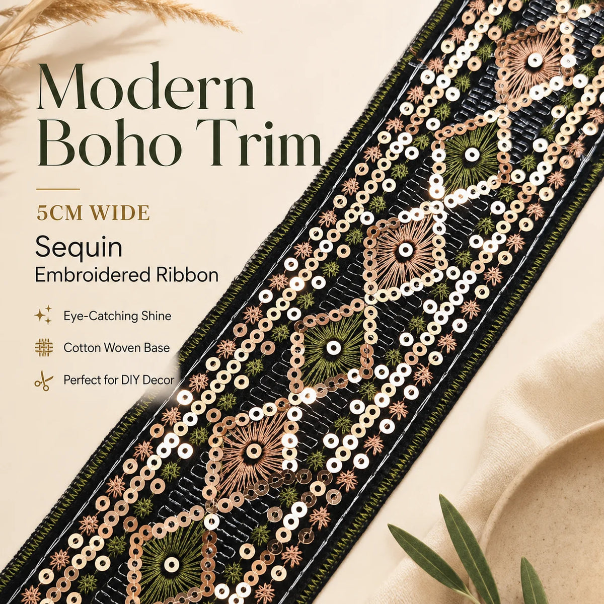 1.97 Inch Boho Sequin Embroidered Trim Vintage Jacquard Ribbon for DIY Sewing Clothing Bags Crafts Costumes and Home Decor. MegaBDM