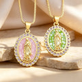QIKU Religion Shell Virgin Mary Pendant Necklace CZ Crystal Oval Neck Chain Pray Jewelry Gift Women Accessories Wholesale