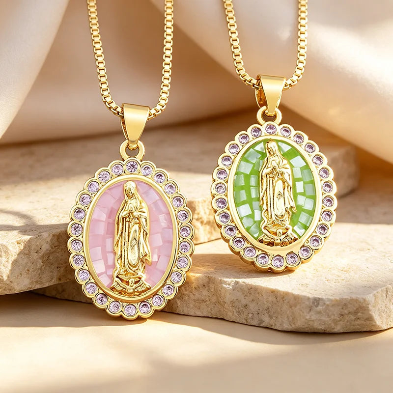 QIKU Religion Shell Virgin Mary Pendant Necklace CZ Crystal Oval Neck Chain Pray Jewelry Gift Women Accessories Wholesale