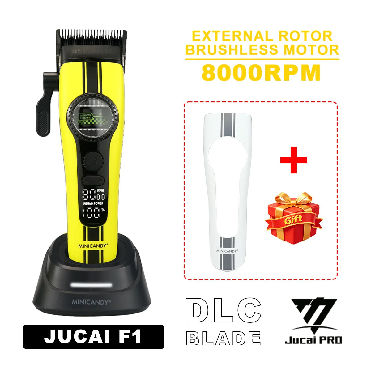 JUCAI MINICANDY F1 External Rotor Brushless Motor Men's Hair Clipper DLC 8000RPM Base Charger Professional Hair Cutting Machine