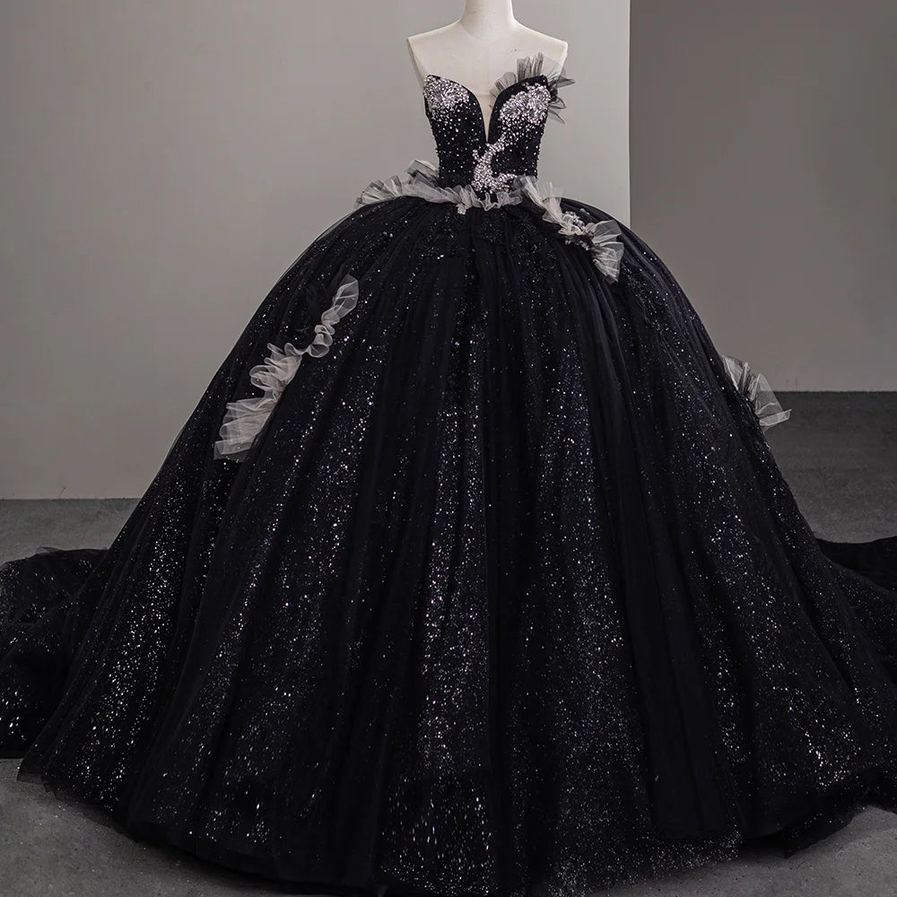 Jancember SFY49 Unique Black Glitter Sweetheart Evening Women's Puffy Dresses MegaBDM