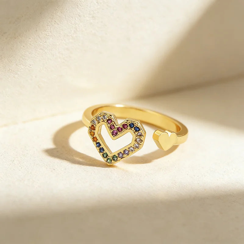 QIKU Colorful Inlay Crystal Heart Shape Gold Color Adjustable Open Ring Copper Zircon Women Jewelry Accessories Gift Wholesale