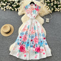 2025 Summer Vintage Turn-down Collar Tunic Slim Casual Midi Dress For Women Empire Printed Lace Dress