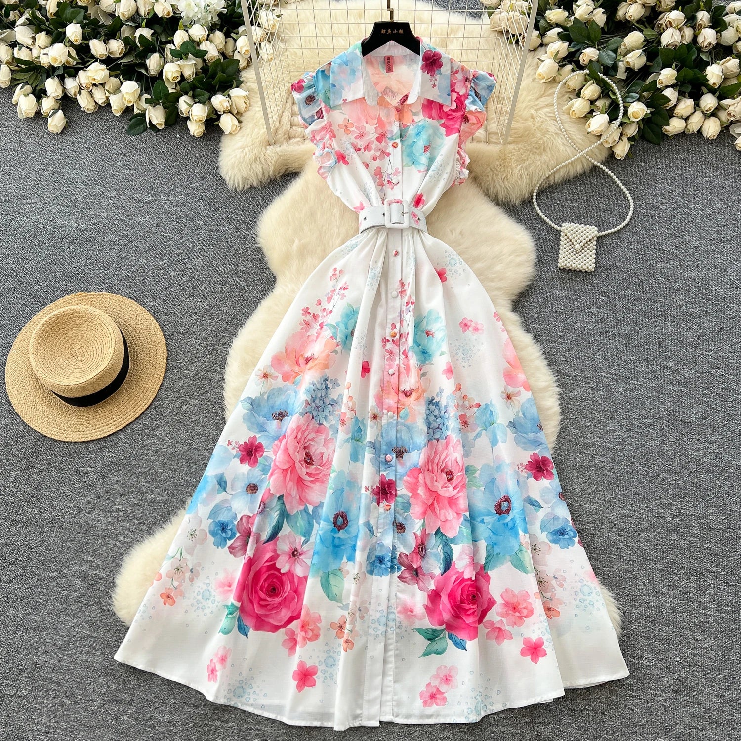 2025 Summer Vintage Turn-down Collar Tunic Slim Casual Midi Dress For Women Empire Printed Lace Dress