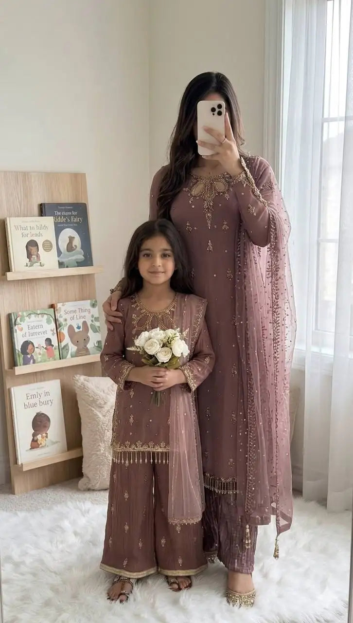 Family Matching Faux Georgette Embroidered Kurta Palazzo Set with Tissue Net Dupatta | Women & Kids Festival Party Wear Ethnic O MegaBDM