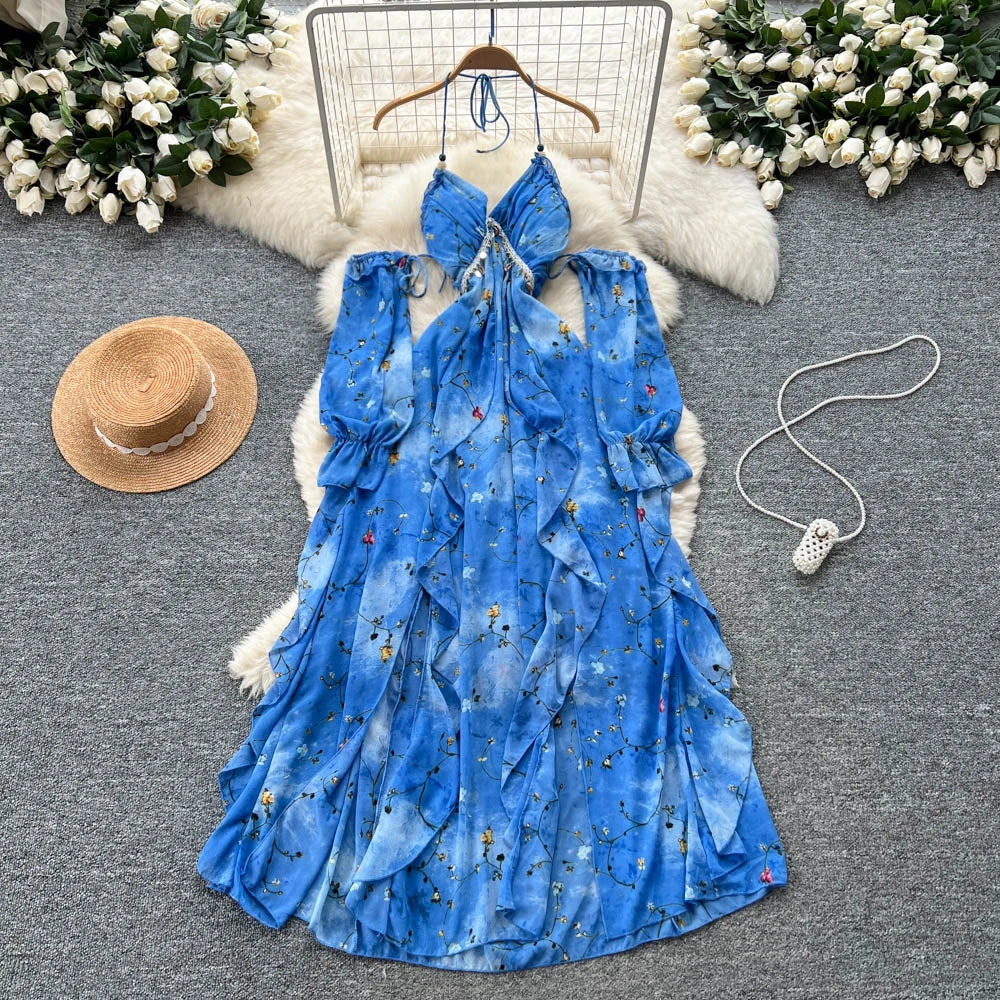 Summer Vacation Halter Asymmetric Casual Maxi Dress for Women Empire Printed Floral Lace Dress