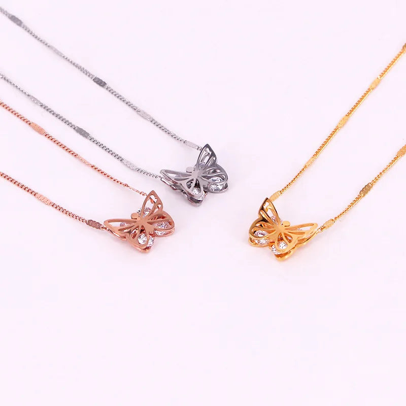 New Trendy Zirconia Bijoux Femme Fashion Stainless Steel Jewelry 18k Gold Plated Butterfly Pendant Necklace