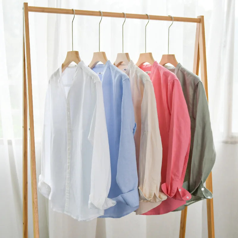 RNSHANGER Long Sleeve Cotton Linen Shirt Men Spring Summer Beach Mens Shirts Size 3XL Solid Stand Collar Shirt Breathable Top