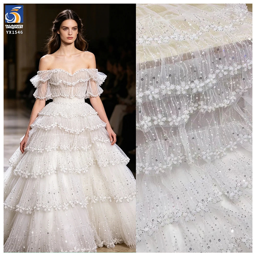YX1546 3D Floral Beaded Tiered Ruffle Tulle Fabric With Sequins for Bridal Wedding Dresses MegaBDM