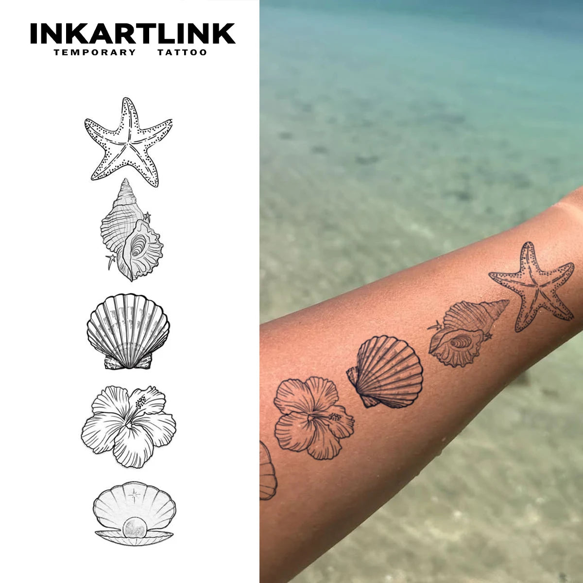 INKARTLINK Sea Shell Starfish Tattoo Sticker Summer Beach Hibiscus Flower Herbal 15 Days Semi-permanent Body Art Arm Wholesale
