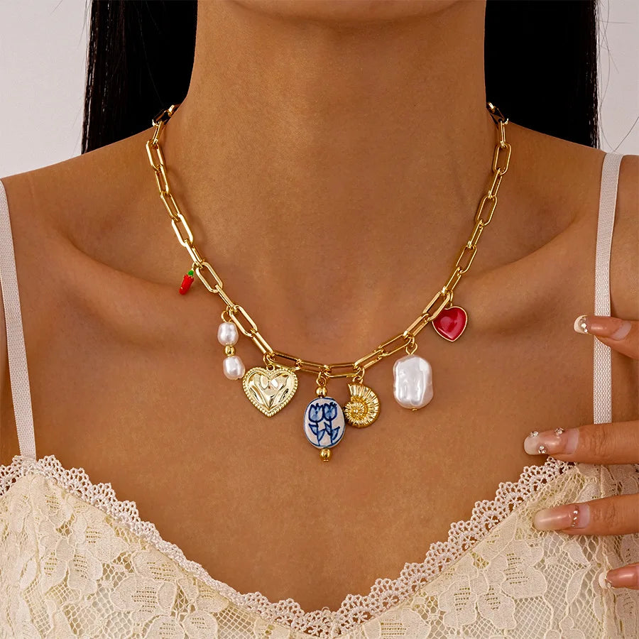 European-American Style Imitation Pearl Beads Heart Pendant Necklace Copper Alloy Silver Plated Link for Women Party Occasion MegaBDM
