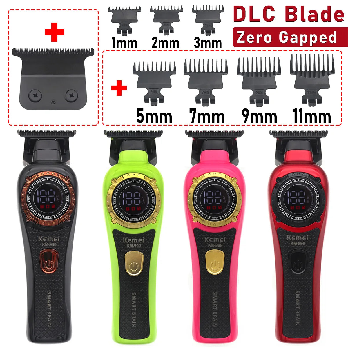 Kemei KM-999 Hair Trimmer for Men DLC T-Blade Zero Gapped LED Display Cordless USB Professional Hair Clipper Finishing Machine