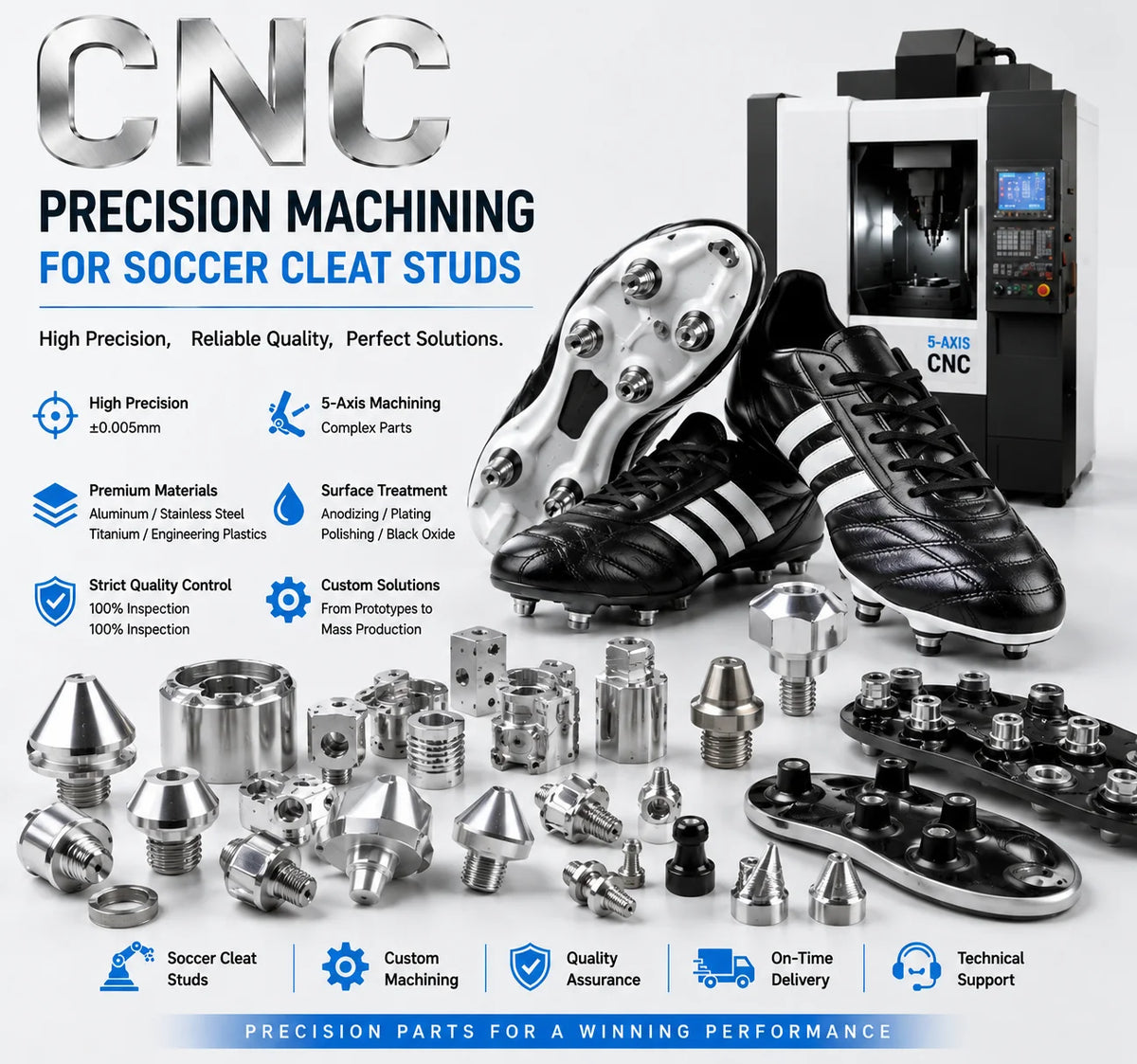 CNC Machined Metal Soccer Cleat Studs Screw-in Football Shoe Spikes M6 Thread Titanium Aluminum Steel Custom Replacement OEM MegaBDM