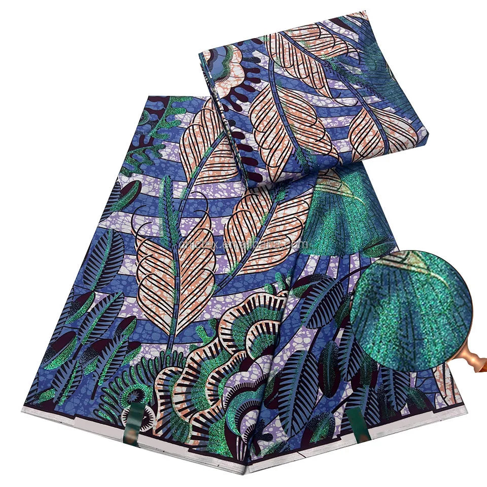 100% Cotton 6 Yards Grand Golden Super Ankara Printed Glitter Wax African Pagne New Flower Patten Cloth for Sewing Party Dress