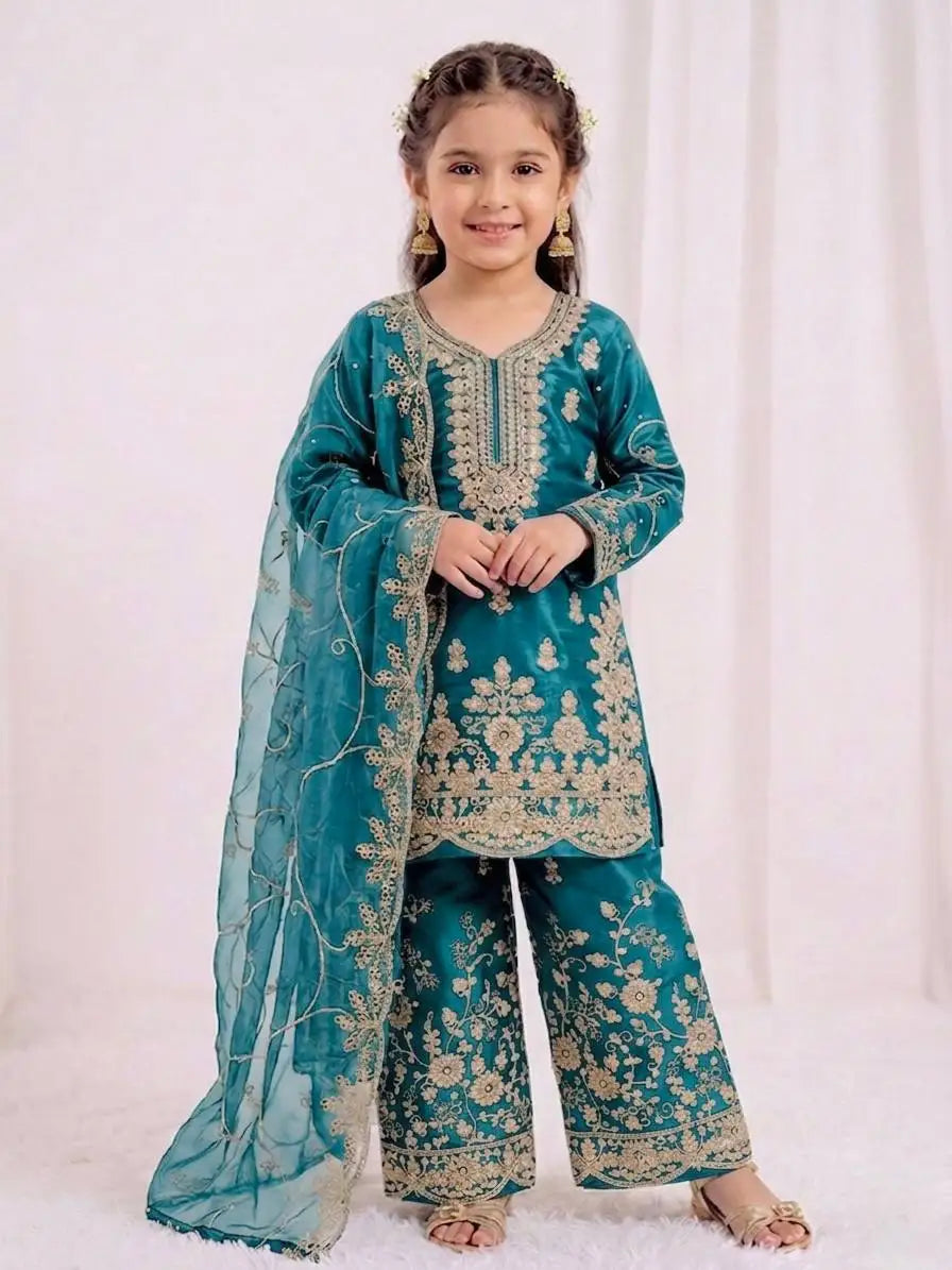 Girls Embroidered Silk Kurta Palazzo Set with Dupatta | Premium Kids Ethnic Party Wear Outfit MegaBDM