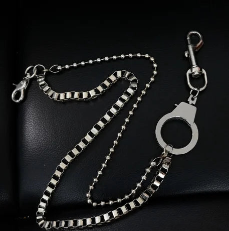 Men Retro Double Layer Handcuffs Metal Chain Hip-hop  Trousers Pants  Key Chain Hook Decoration Trendy Accessories