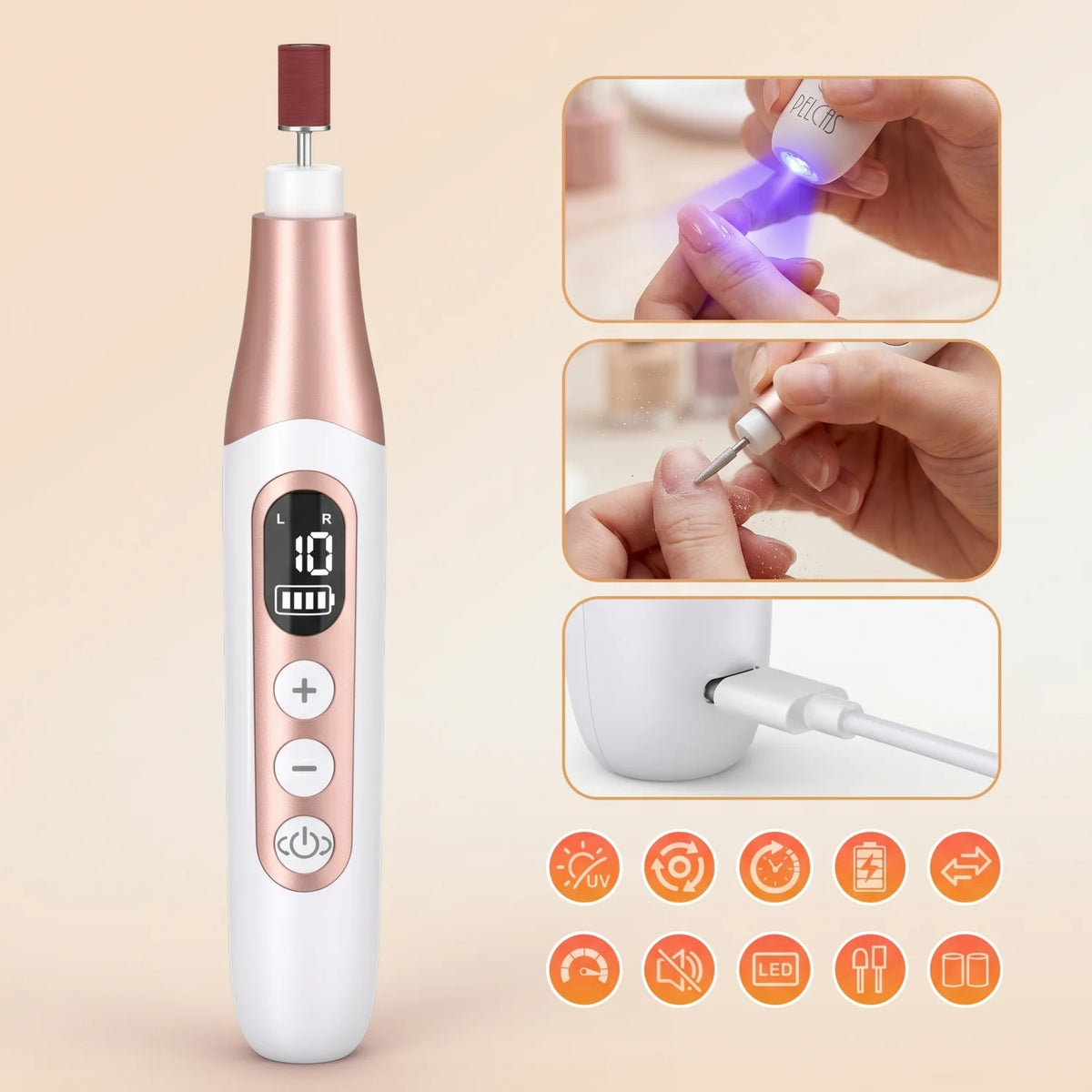 45000RPM Professional Electric Nail Drill with Built-in UV Lamp 2-in-1 Rechargeable E-file for Acrylic Gel Nails MegaBDM