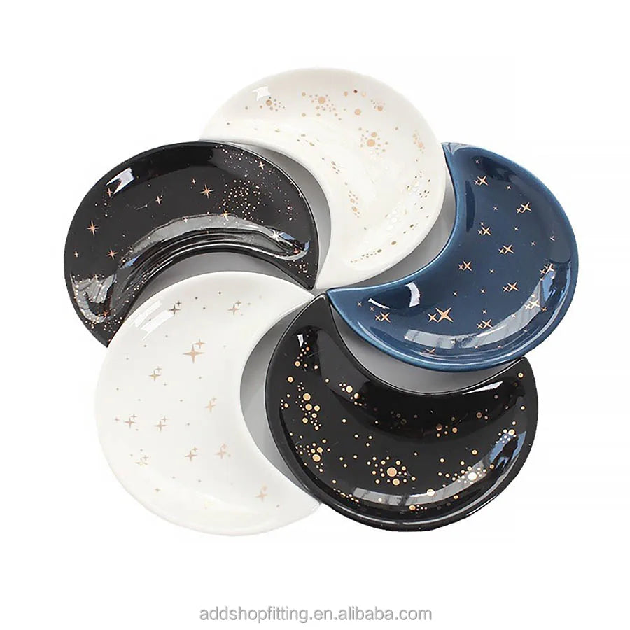 Black Moon Star Portable Round Ceramic Jewelry Tray for Home Decoration