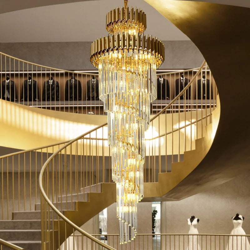 Spiral Living Room Gold Lustre Shopping Mall Hotel Lobby Villa High Ceiling Illumination Crystal Chandelier Pendant Light MegaBDM