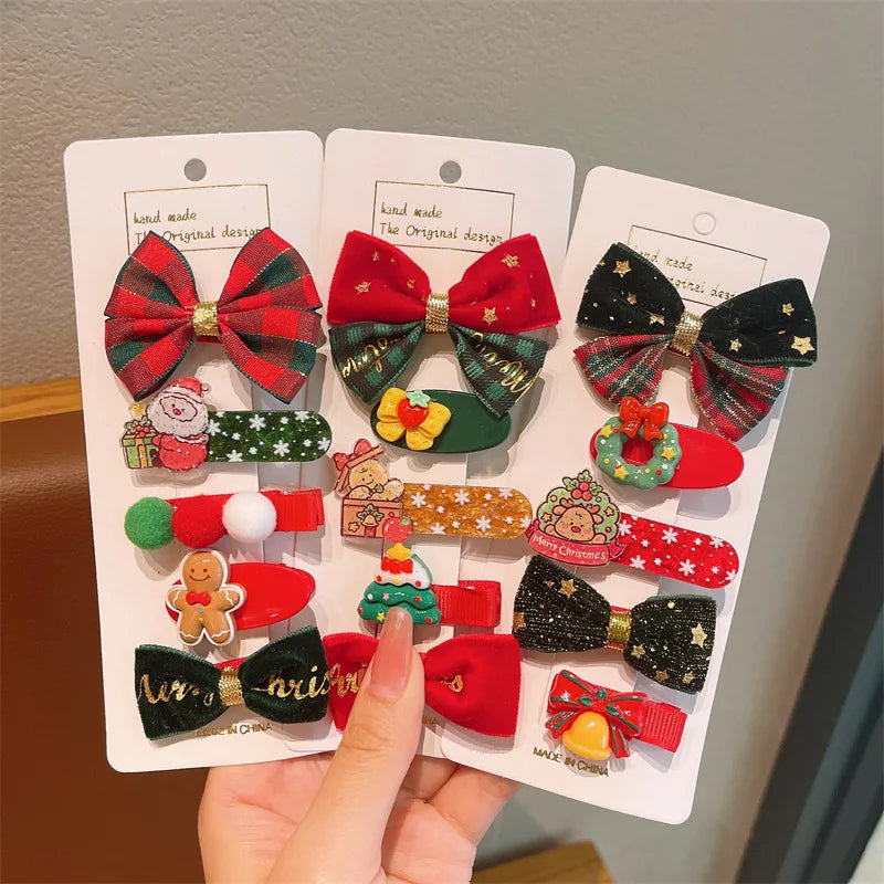 New Christmas Bow Hair Clip Cute Headwear Cartoon Fabric Bell Reindeer Snowflake Christmas Tree Girls Hair Clips Set