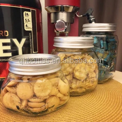 Kitchen Use 250ml 500ml 750ml Embossed Logo Square Clear Glass Food Storage Jar With Screw Cap
