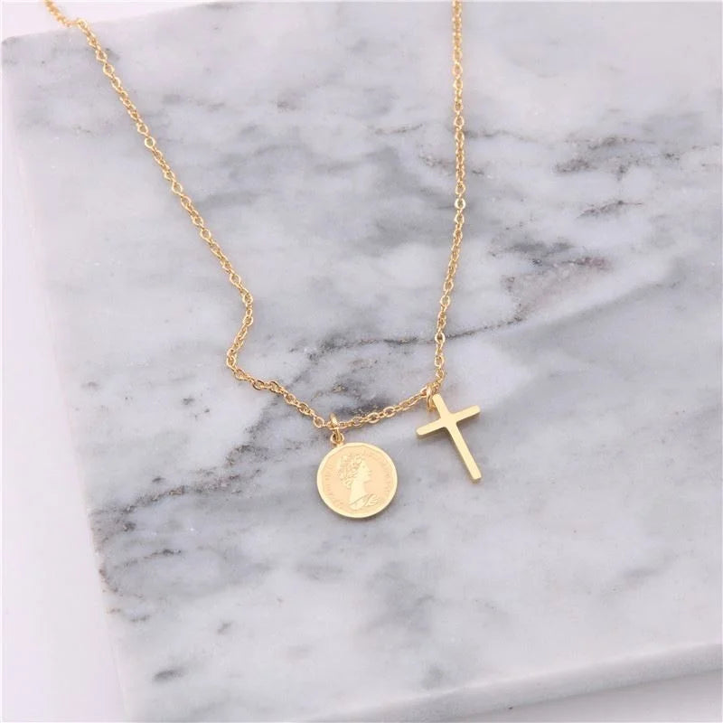 Women Jewelry 18k Gold Plated Cross Dainty Coin Pendant Choker Necklace Stainless Steel Jewelry Wholesale