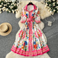Spring Vacation Turn-down Collar Tunic Slim Pleated Midi Dress For Women Empire Printed Lace Dress