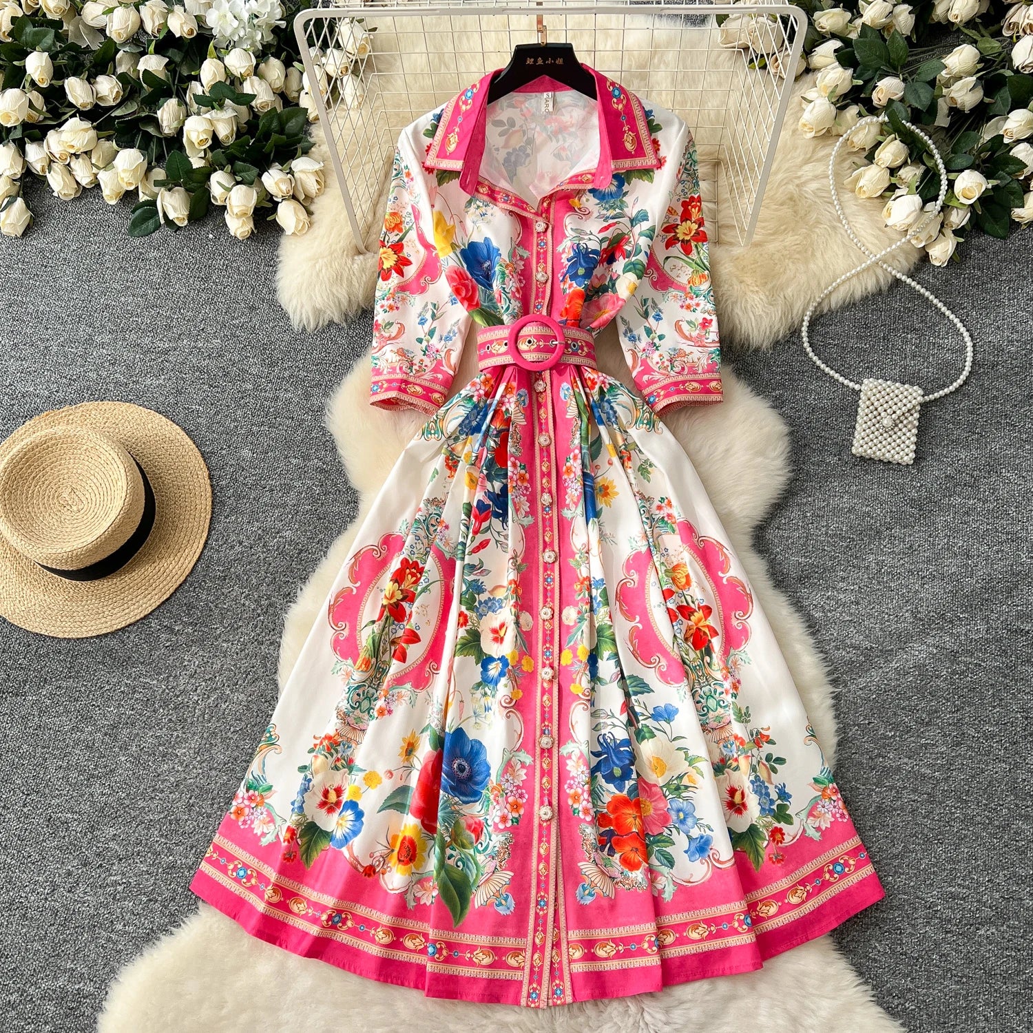 Spring Vacation Turn-down Collar Tunic Slim Pleated Midi Dress For Women Empire Printed Lace Dress