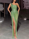 Luxury Green Womens Evening Dress One Shoulder Ruched Bodycon High Slit Glitter Maxi Gown for Prom Party Wedding MegaBDM