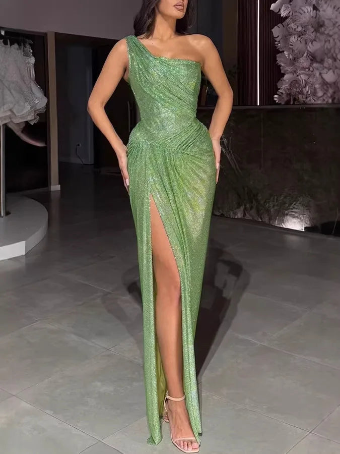Luxury Green Womens Evening Dress One Shoulder Ruched Bodycon High Slit Glitter Maxi Gown for Prom Party Wedding MegaBDM