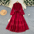 2025 Spring Vintage Tunic Slim Casual Midi Dress For Women Empire Patchwork Hollow Out Lace Dress