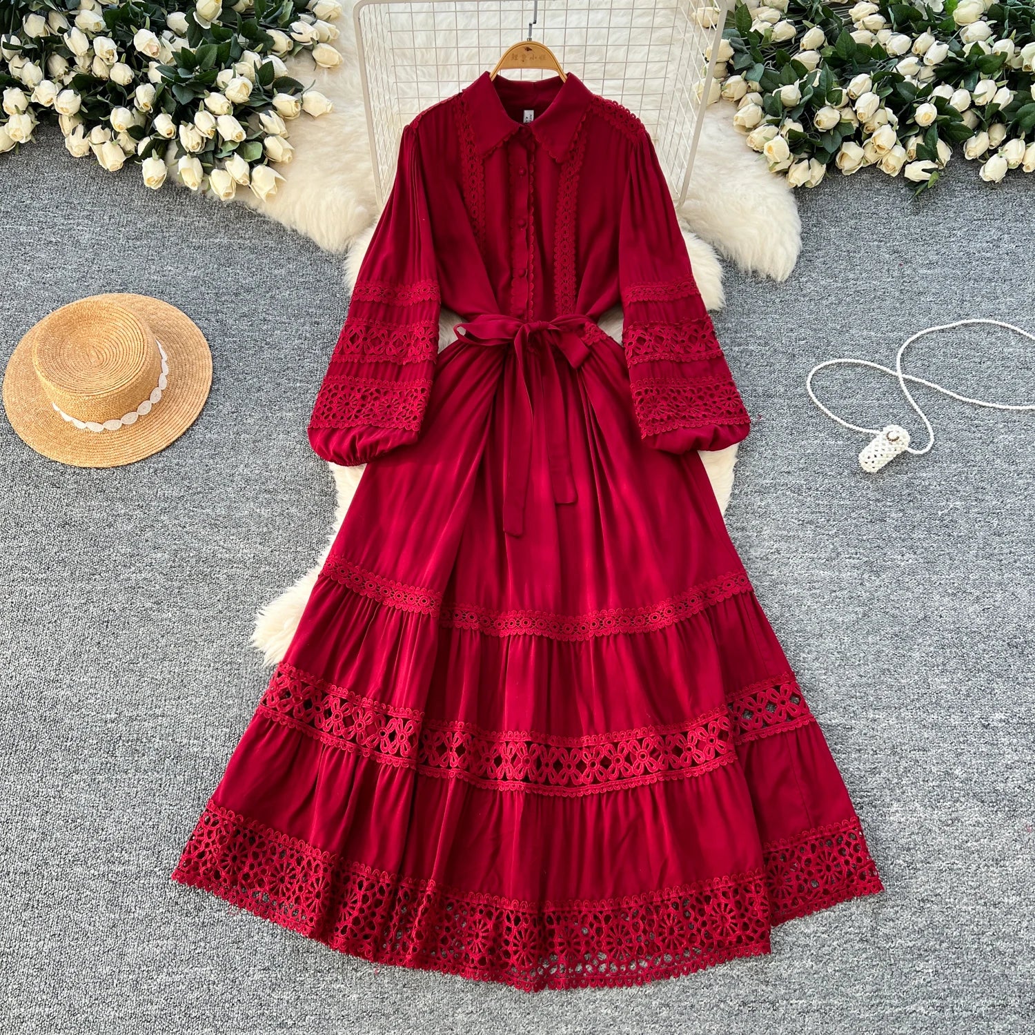 2025 Spring Vintage Tunic Slim Casual Midi Dress For Women Empire Patchwork Hollow Out Lace Dress