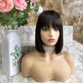 Grade 12A Virgin Peruvian Remy Hair Glue Less Jewish Kosher Silk Top Wigs Bob Style Short Bang Wig Human Hair