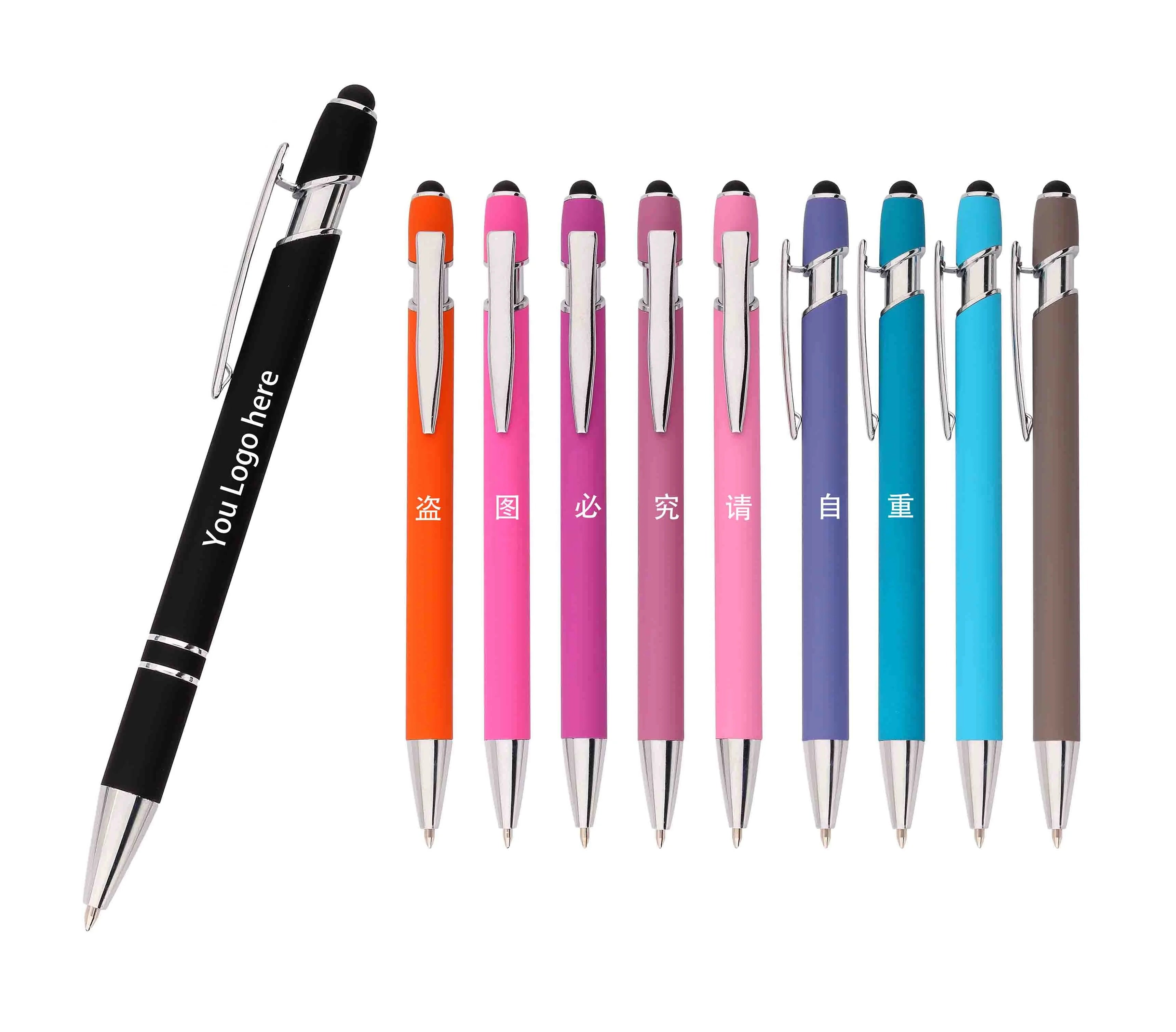 Luxury Branded Writing Personalized Multi Function Soft Touch Promotion Custom Ball Point Metal Pen with Stylus Logo Printed