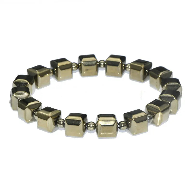 New Fashion Natural Hematite Square Cubic Pyrite Color Plating Beaded Bracelet for Men Women