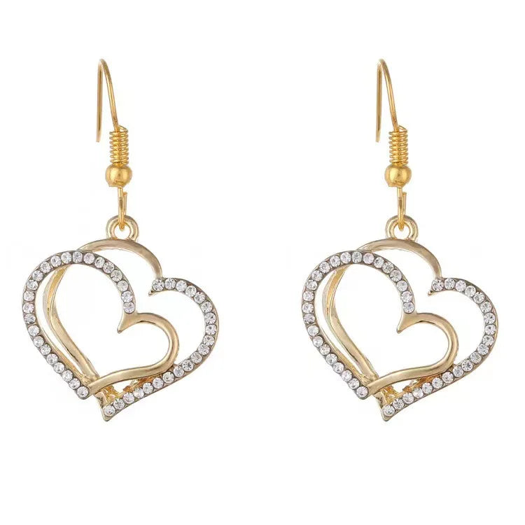 Exaggerate Copper Pave Diamond Hollow Heart Pendant Earrings Fashionable Double Heart Drop Jewelry Women Gold Plated Silver