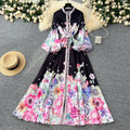 2025 Spring Roman Tunic Slim Casual Midi Dress For Women Lantern Sleeve Empire Printed Lace Vestidos