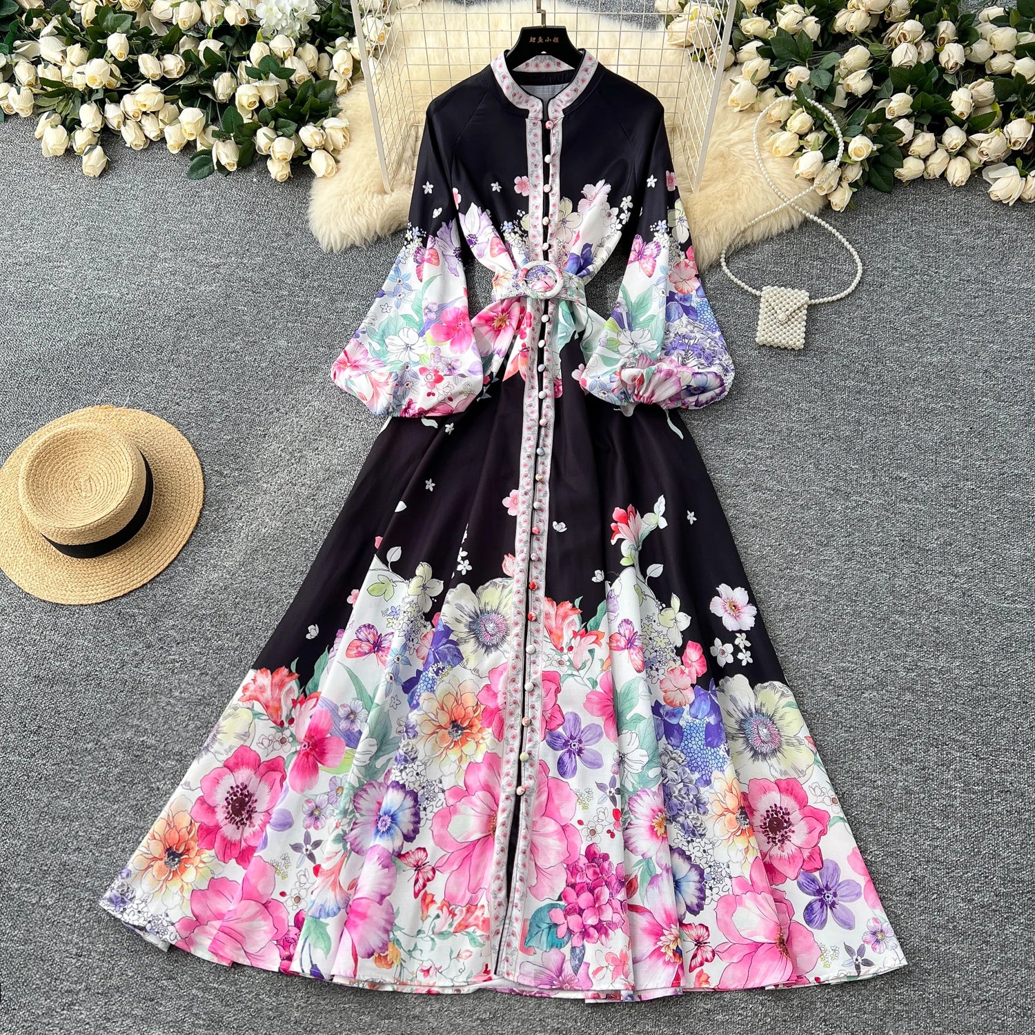 2025 Spring Roman Tunic Slim Casual Midi Dress For Women Lantern Sleeve Empire Printed Lace Vestidos