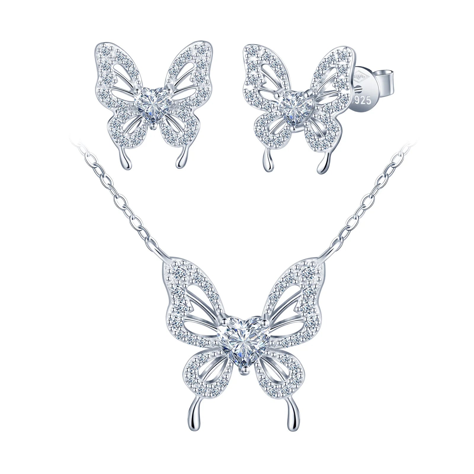 Classic Moissanite Butterfly Heart Necklace 925 Silver VVS Moissanite Diamond Ear Stud for Women