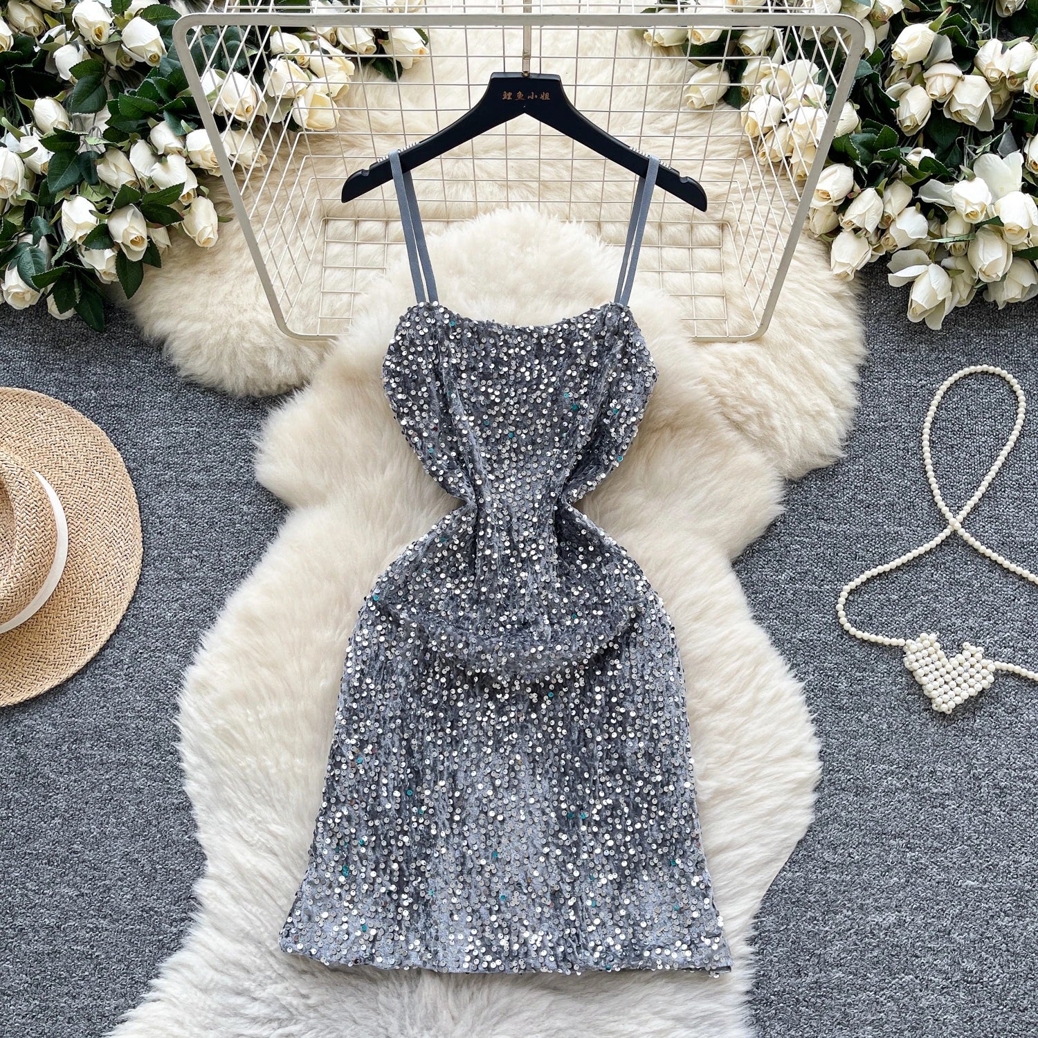 2025 Summer Elegant Tunic Slim Slip Midi Dress for Women Empire Sequined Lace Dress