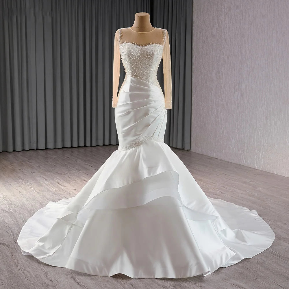Jancember 241108 Exclusive Long Sleeve Pearls Satin Ruffle Mermaid Wedding Dresses