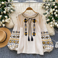 Full Sleeve O-Neck Casual Blouses Women Lantern Sleeve Solid Embroidery Shirts Ladies Retro Tops Clothes Women Wholesale