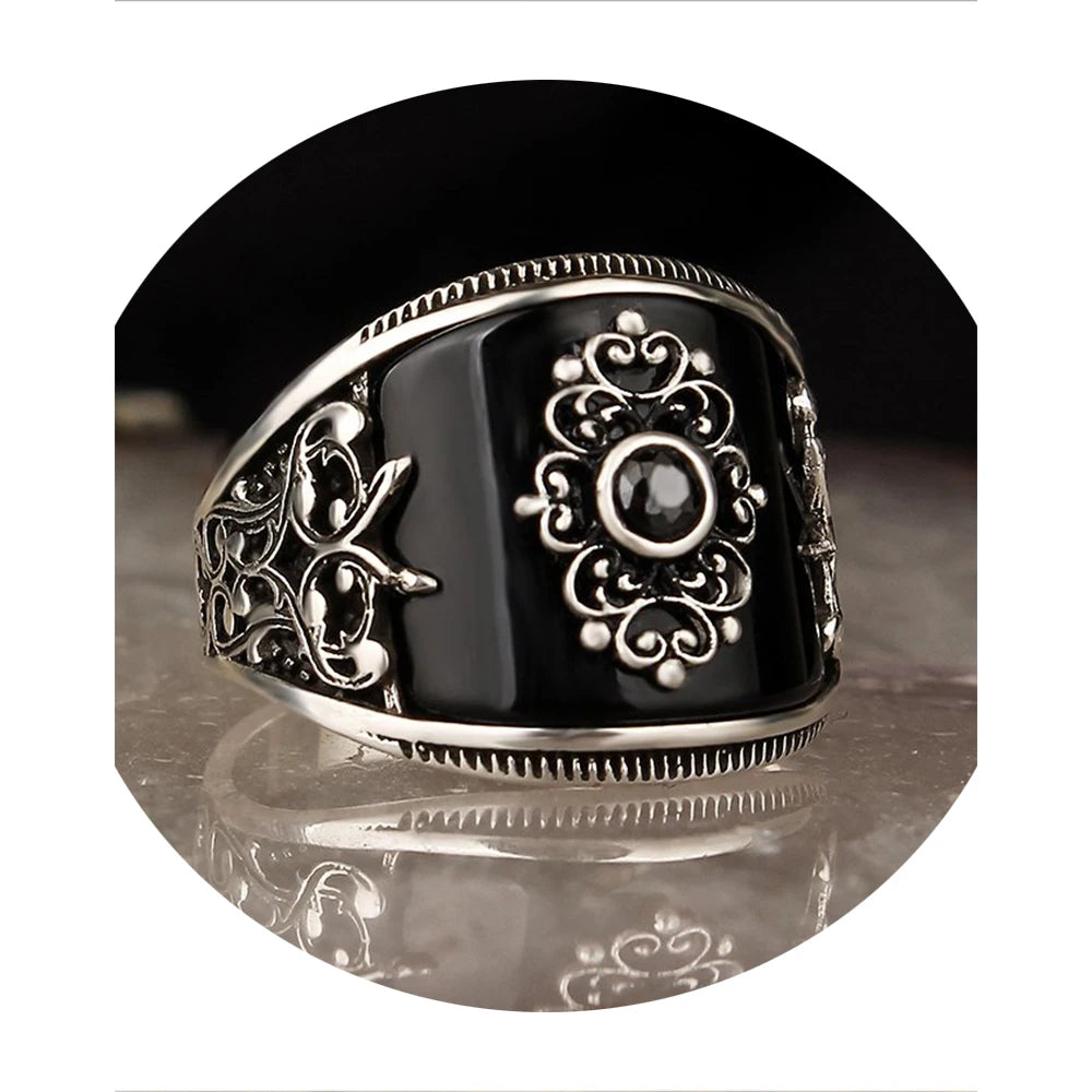 925 Sterling Silver Baroque Design Onyx Stone Men’s Ring – Black or Red – EU Local Stock