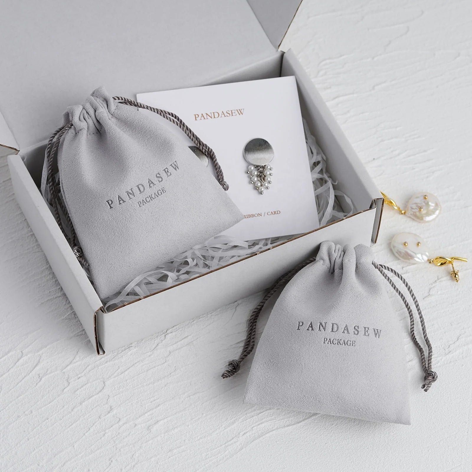 PandaSew Custom Logo Luxury Gray Microfiber Drawstring Bag Gift Packaging Jewelry Pouch