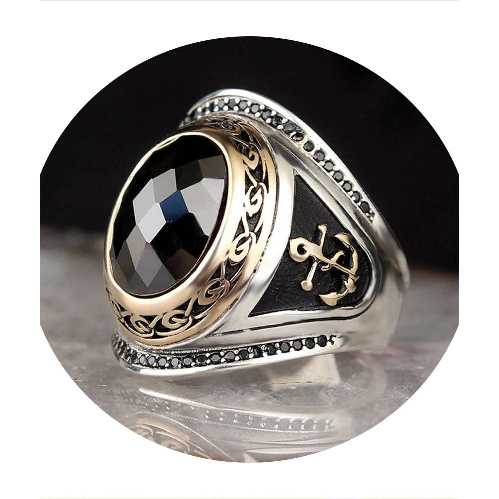 Anchor 925 Sterling Silver Classic Bezel Setting Gemstone Ring for Men with Zircon Stone-Wedding & Anniversary