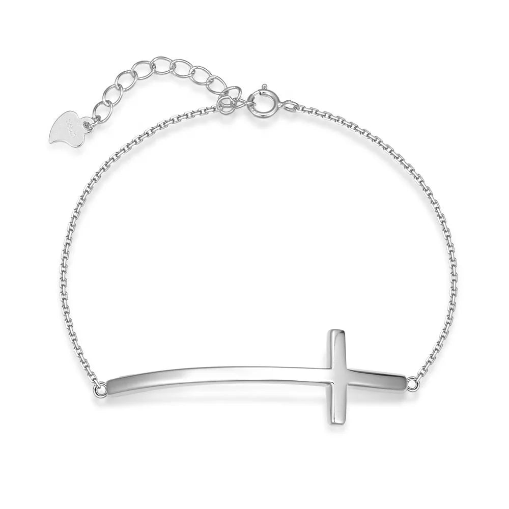 Curved Cross Symbol Bracelet for Women 925 Sterling Silver Platinum Plated Chain Adjustable