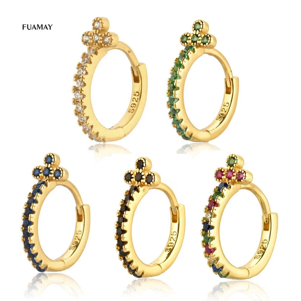 FUAMAY Women's Colorful Rainbow Diamond Micro Paved Hoop Earrings Cross Trio Flower Gold Plated Zircon for Wedding Occasions